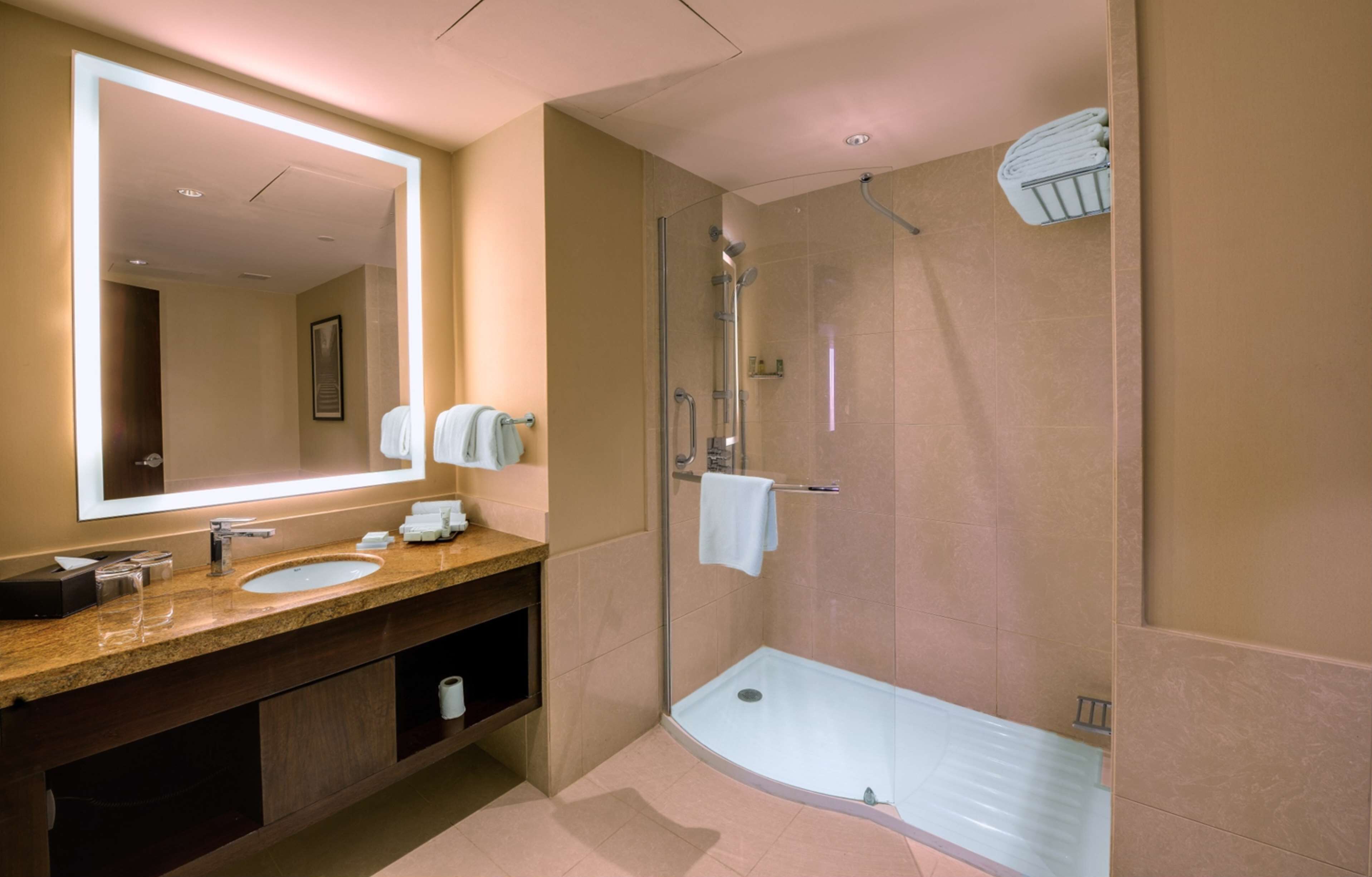 A modern bathroom with a large mirror, two sinks, a shower, and a glass-enclosed walk-in shower.