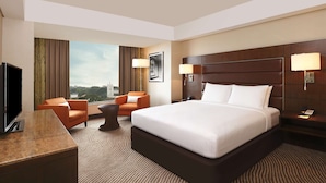 Habitación de hotel con una cama grande, dos sillones, un escritorio y televisión, y vista a la ciudad.