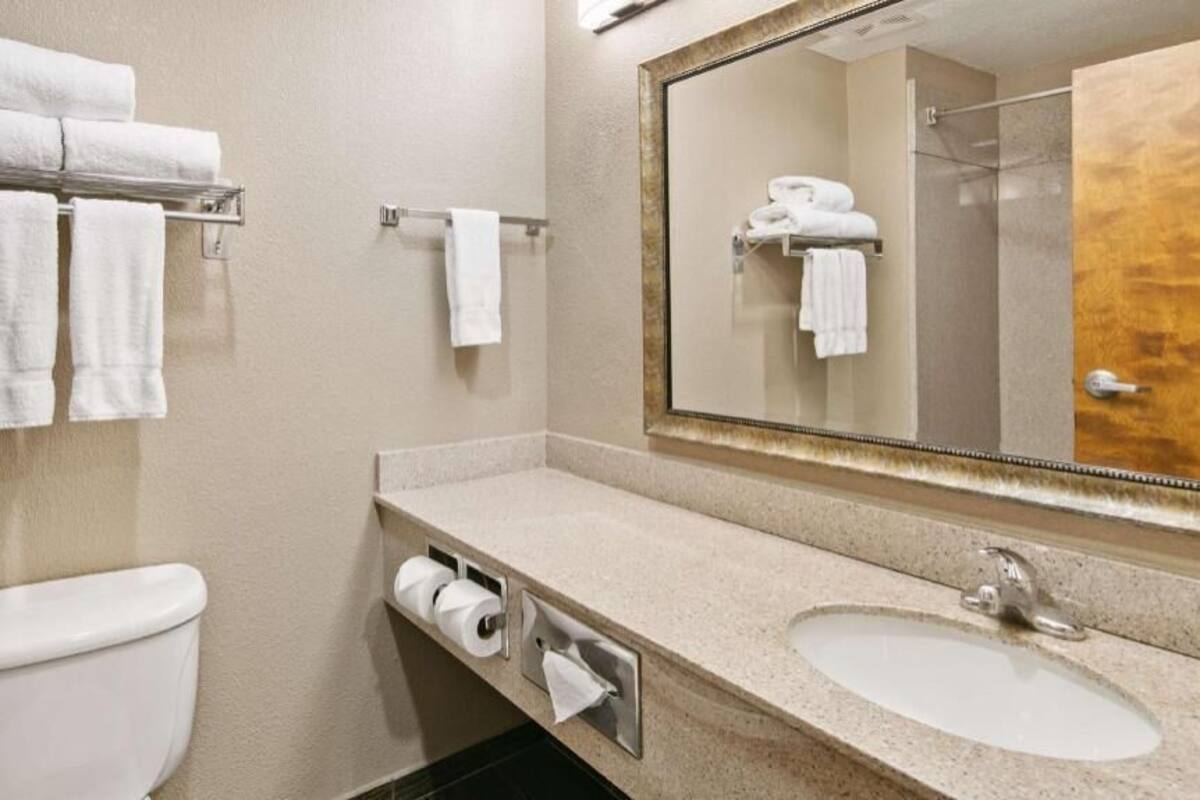 Combined shower/tub, free toiletries, hair dryer, towels