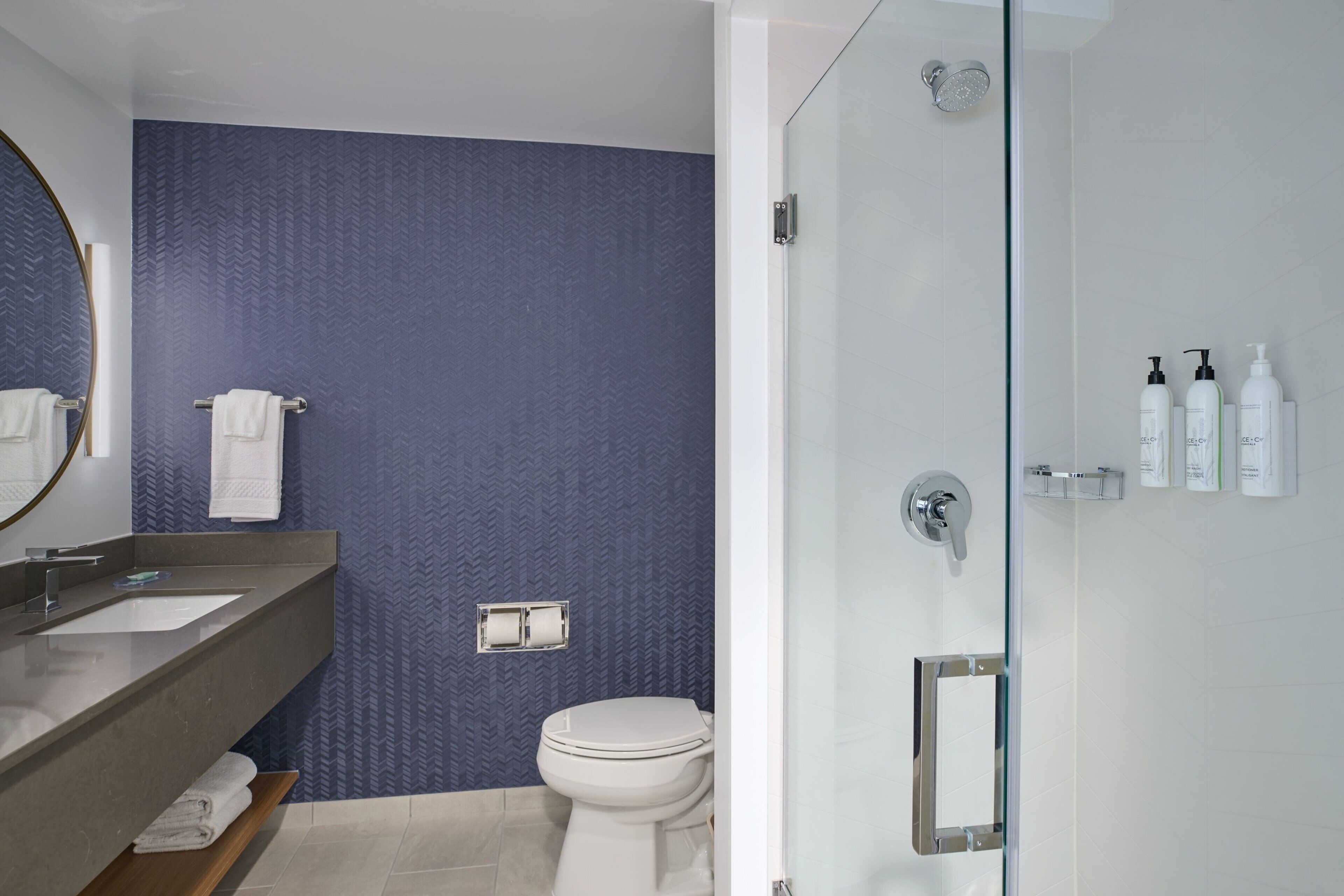 A modern bathroom with a grey herringbone-patterned wall, a white toilet, a glass-enclosed shower, and a vanity with a mirror and towel rack.