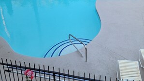 A swimming pool with a metal ladder and a smaller hot tub. There are lounge chairs and a fence with a flower in the foreground.
