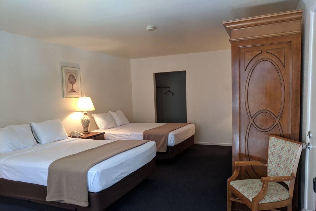 Habitación de hotel con dos camas, una silla, una lámpara, un armario y un cuadro en la pared.