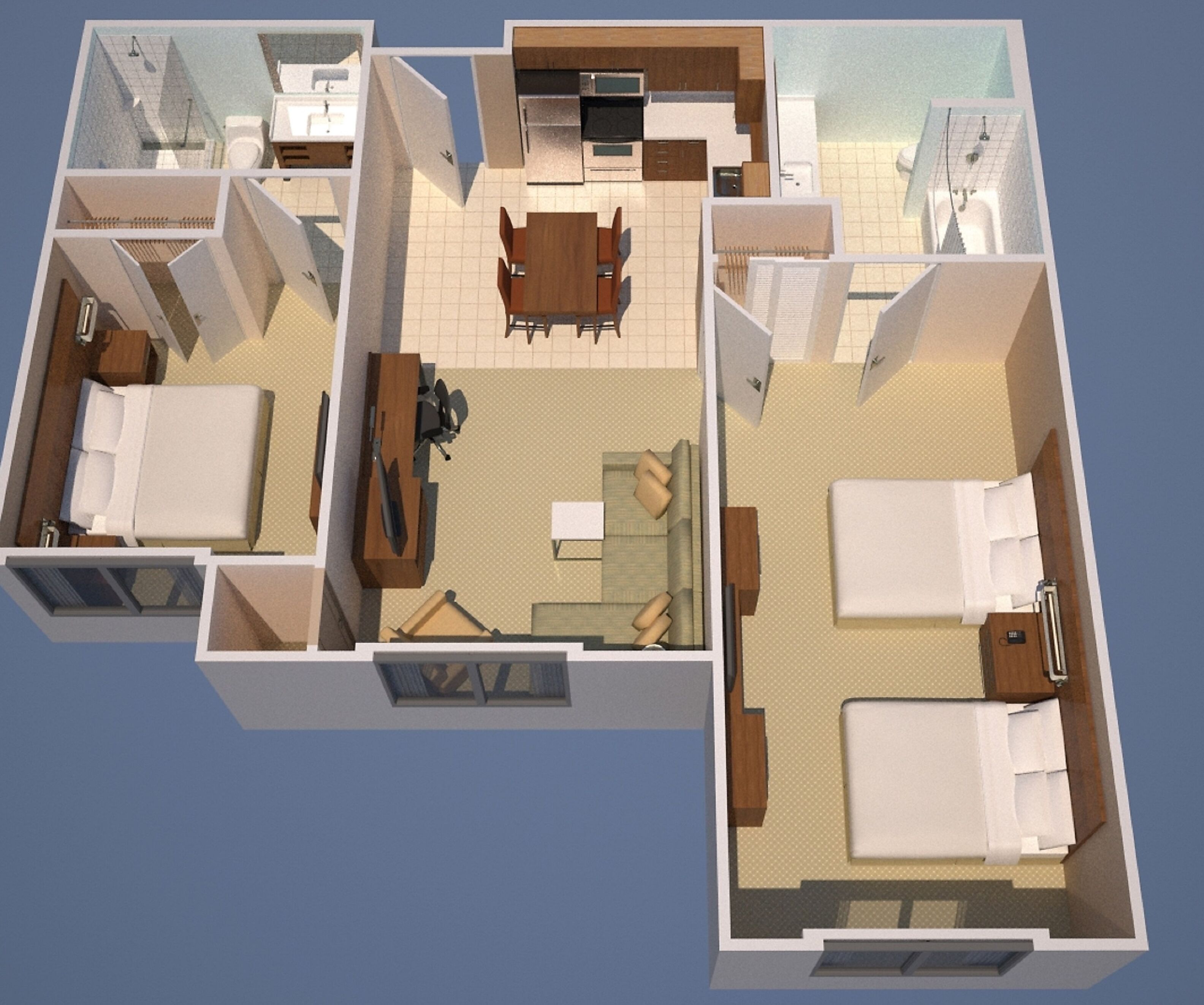 A 3D floor plan of a hotel room with a bathroom, a dining area, a living room, and a bedroom.