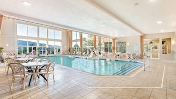Indoor pool, outdoor pool, pool umbrellas