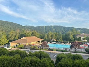 Indoor pool, outdoor pool, pool umbrellas