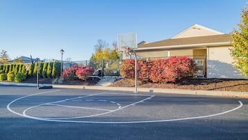 Ein Basketballplatz mit Korb, umgeben von einem Zaun, und ein Gebäude mit heller Fassade und einem blühenden roten Strauch.