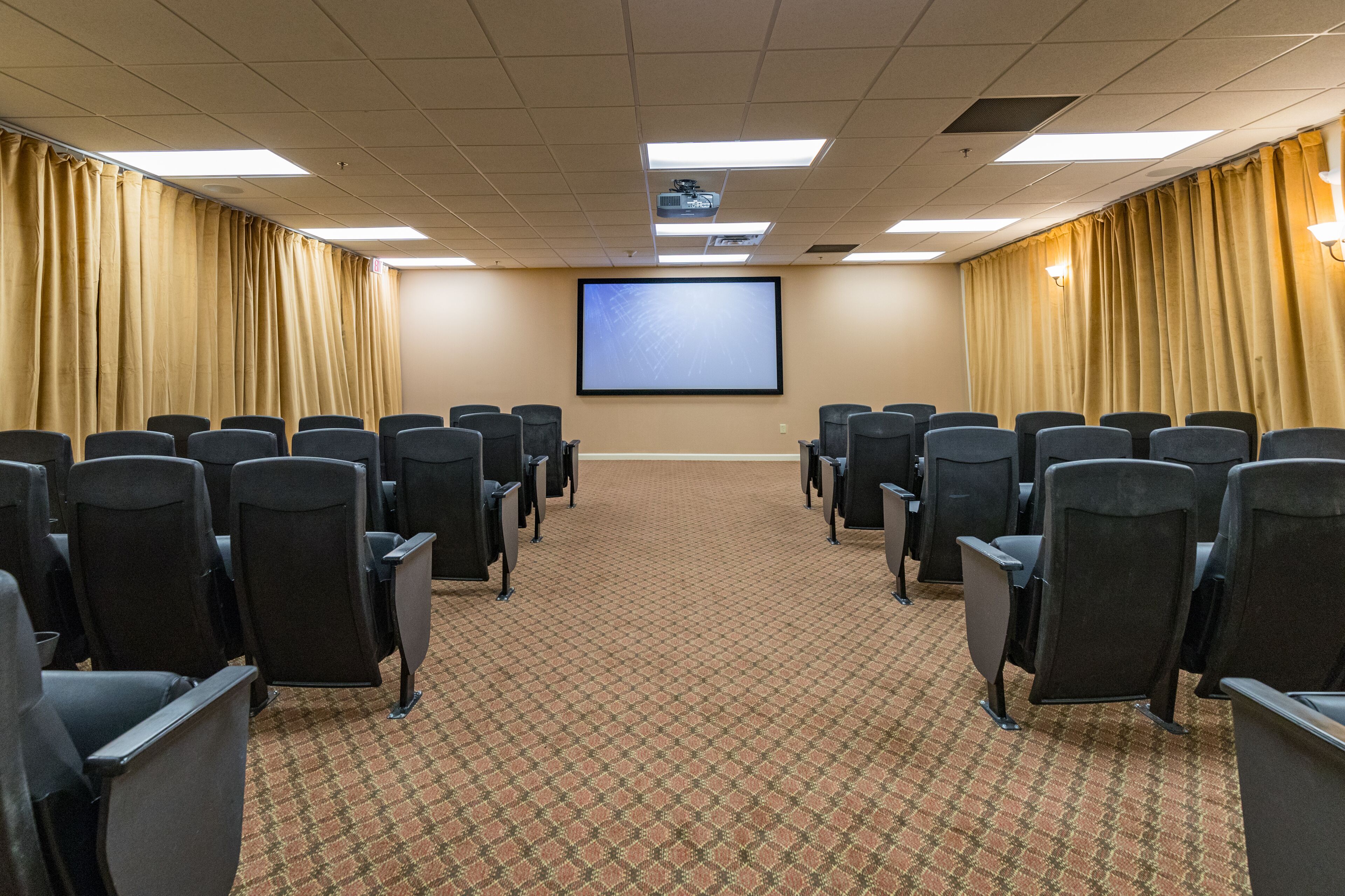 A conference room with rows of black chairs, a carpeted floor, a projector screen, and curtains on the walls.