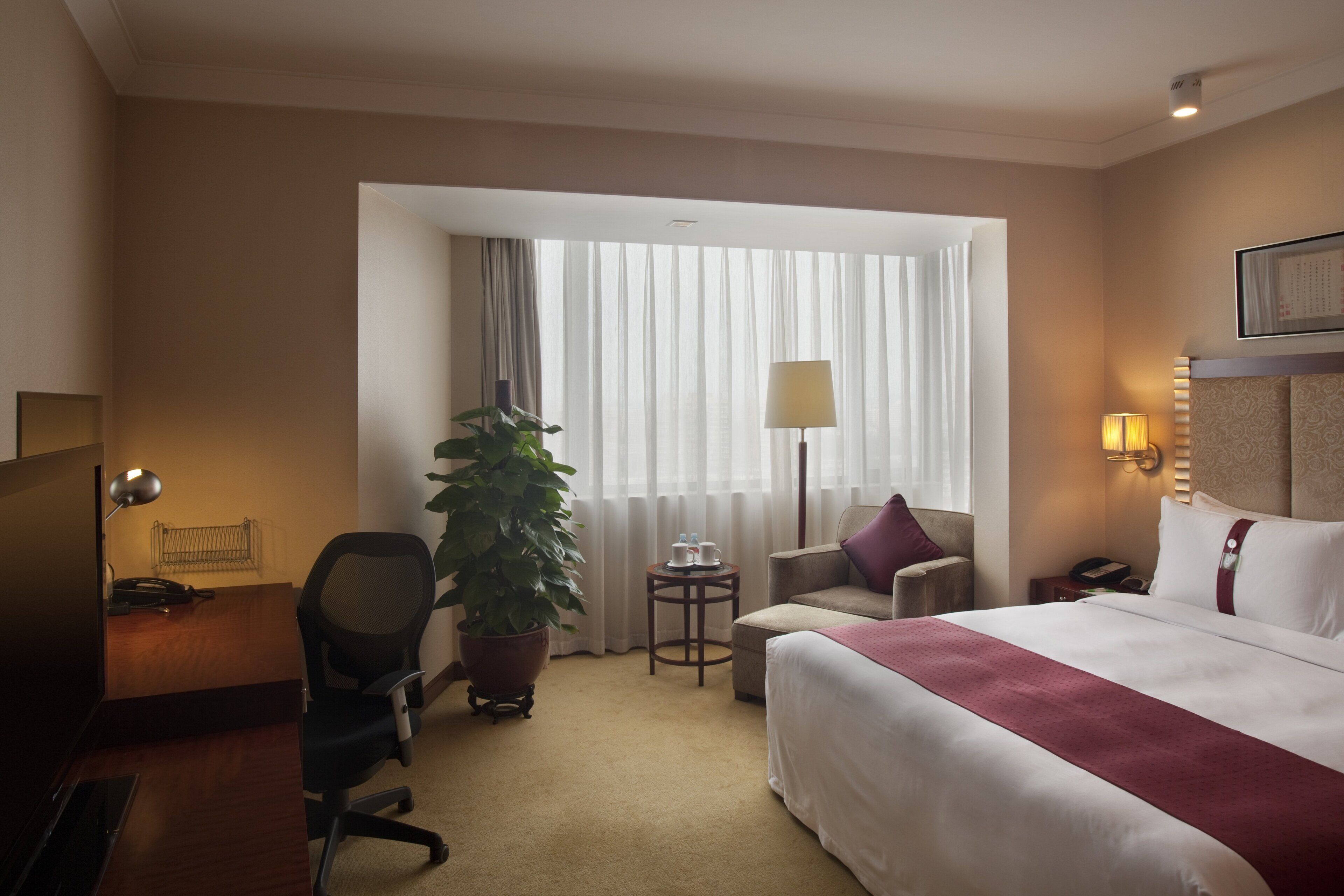 Une chambre d’hôtel avec un lit, un bureau, une chaise, une petite table, une plante en pot et une fenêtre avec des rideaux.