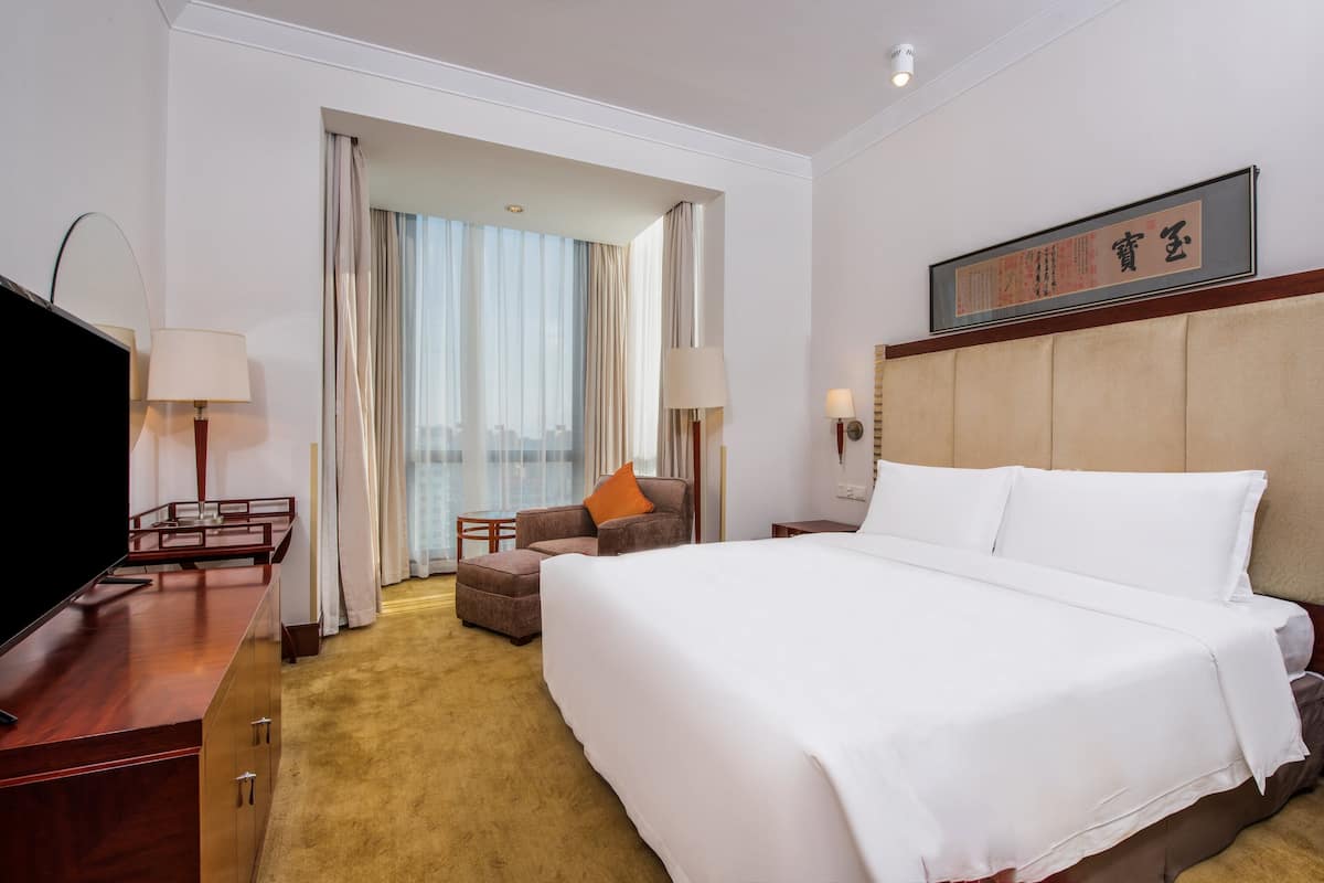 A hotel room with a large bed, a desk with a TV, a chair, and a view of the city through the window.