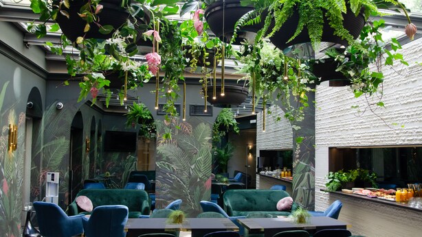 A restaurant with hanging plants, green sofas, and a bar area. - Hotel Atrium (Kraków)