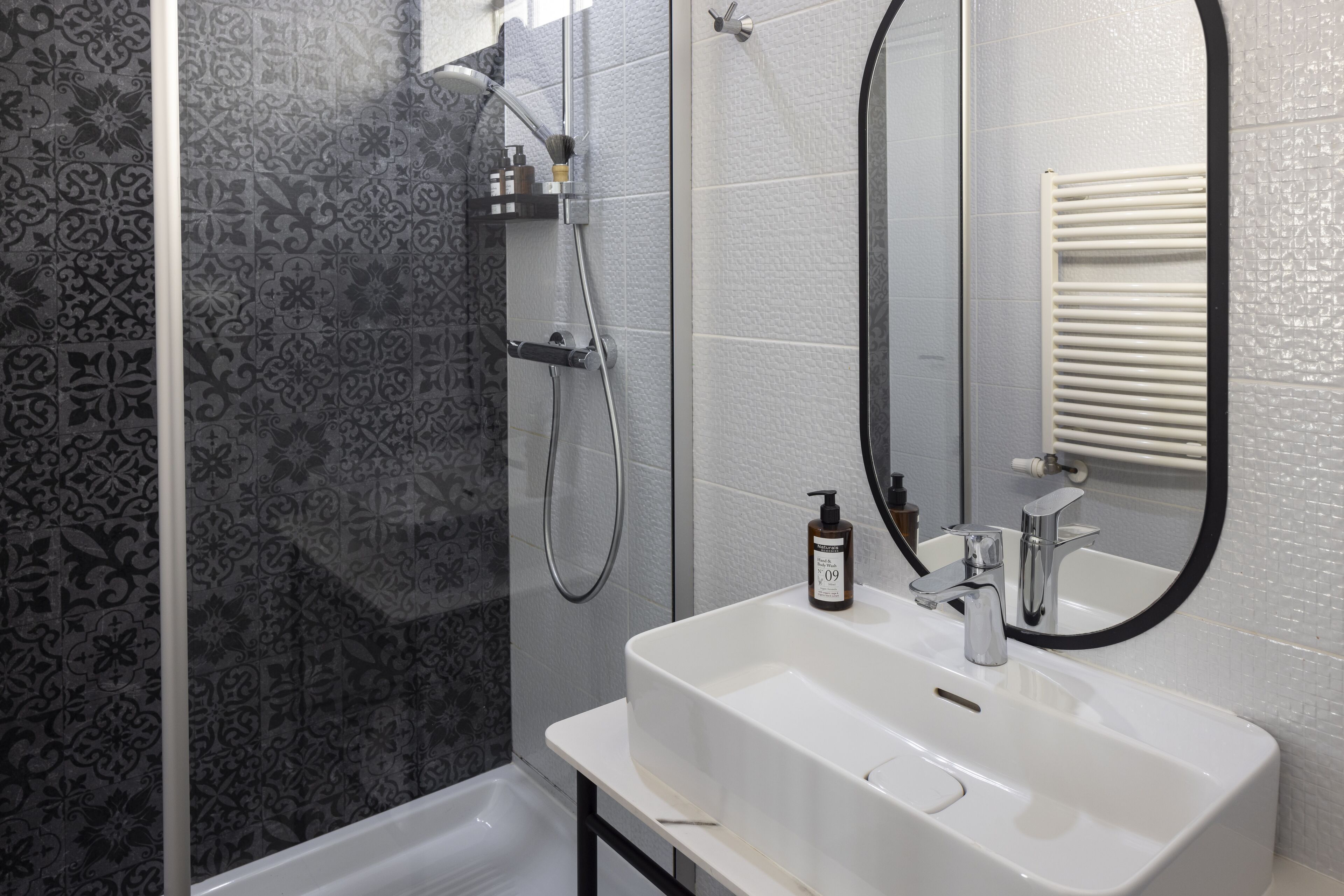 twin room | bathroom | shower, hair dryer, towels, soap