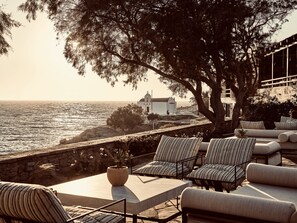 Un área de estar al aire libre junto a la costa, con vistas al mar, un edificio blanco y un árbol grande.