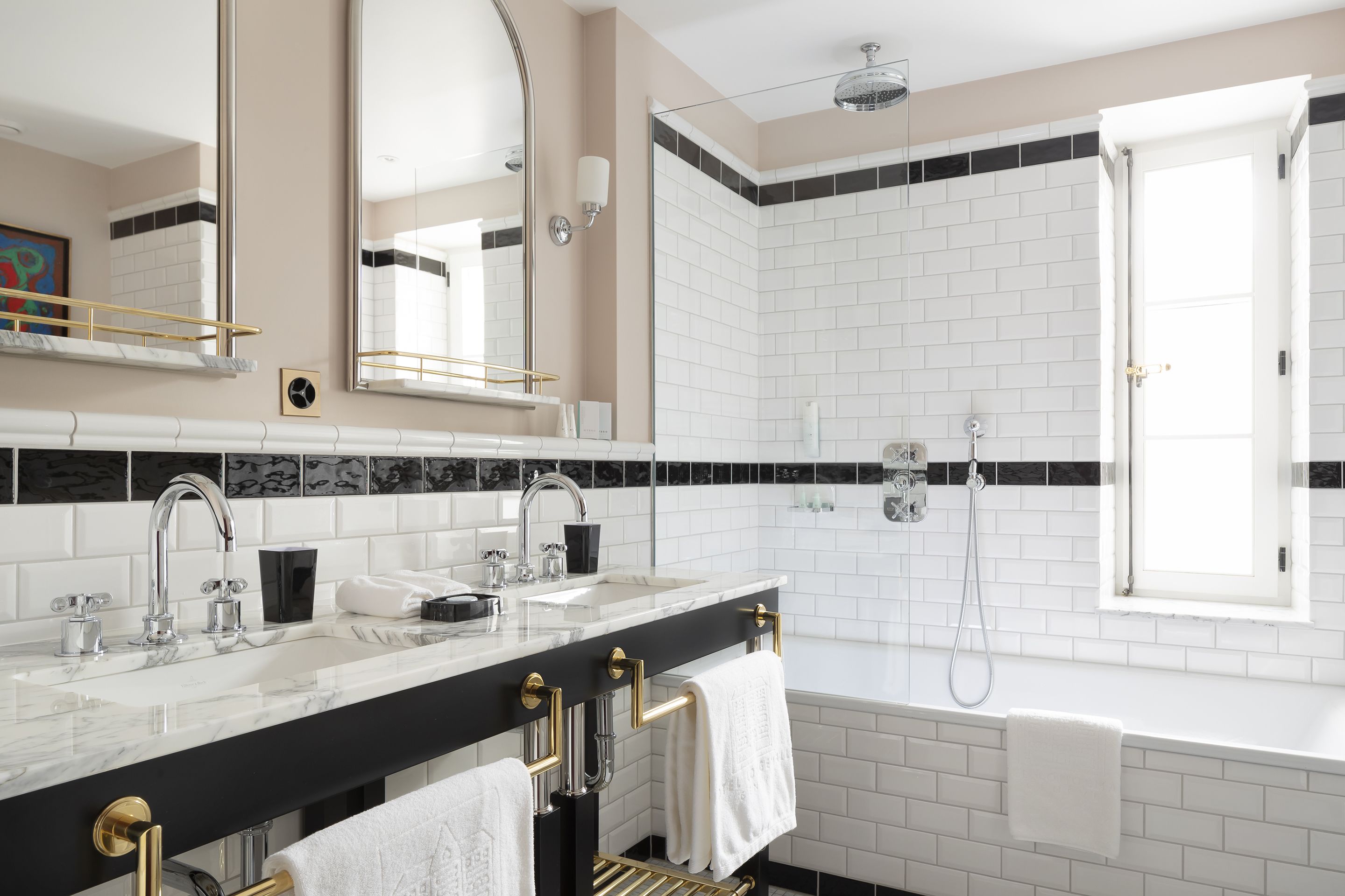 free toiletries, hair dryer, heated floors, towels