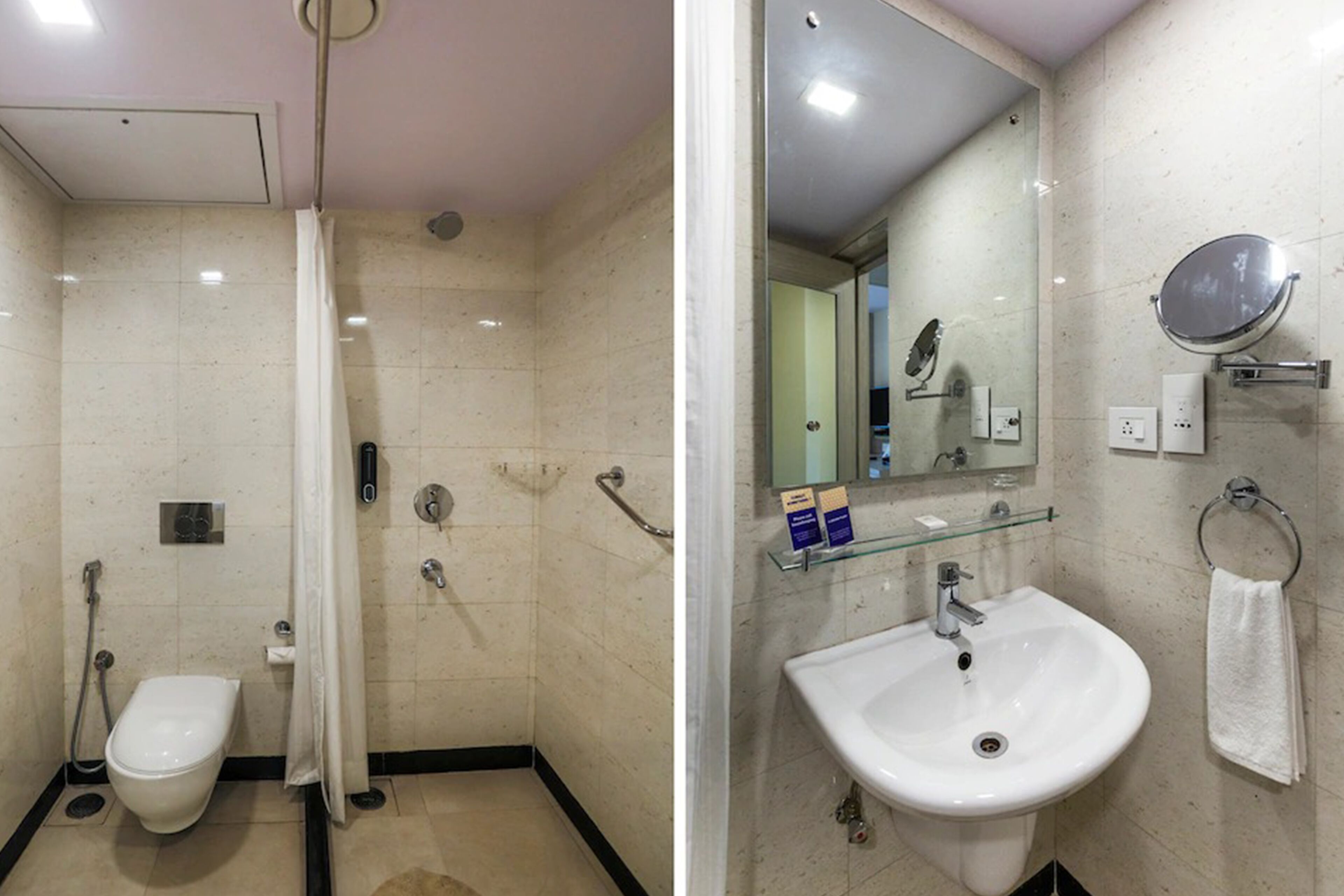 Une salle de bain équipée d’une douche, de toilettes, d’un lavabo et d’un miroir.