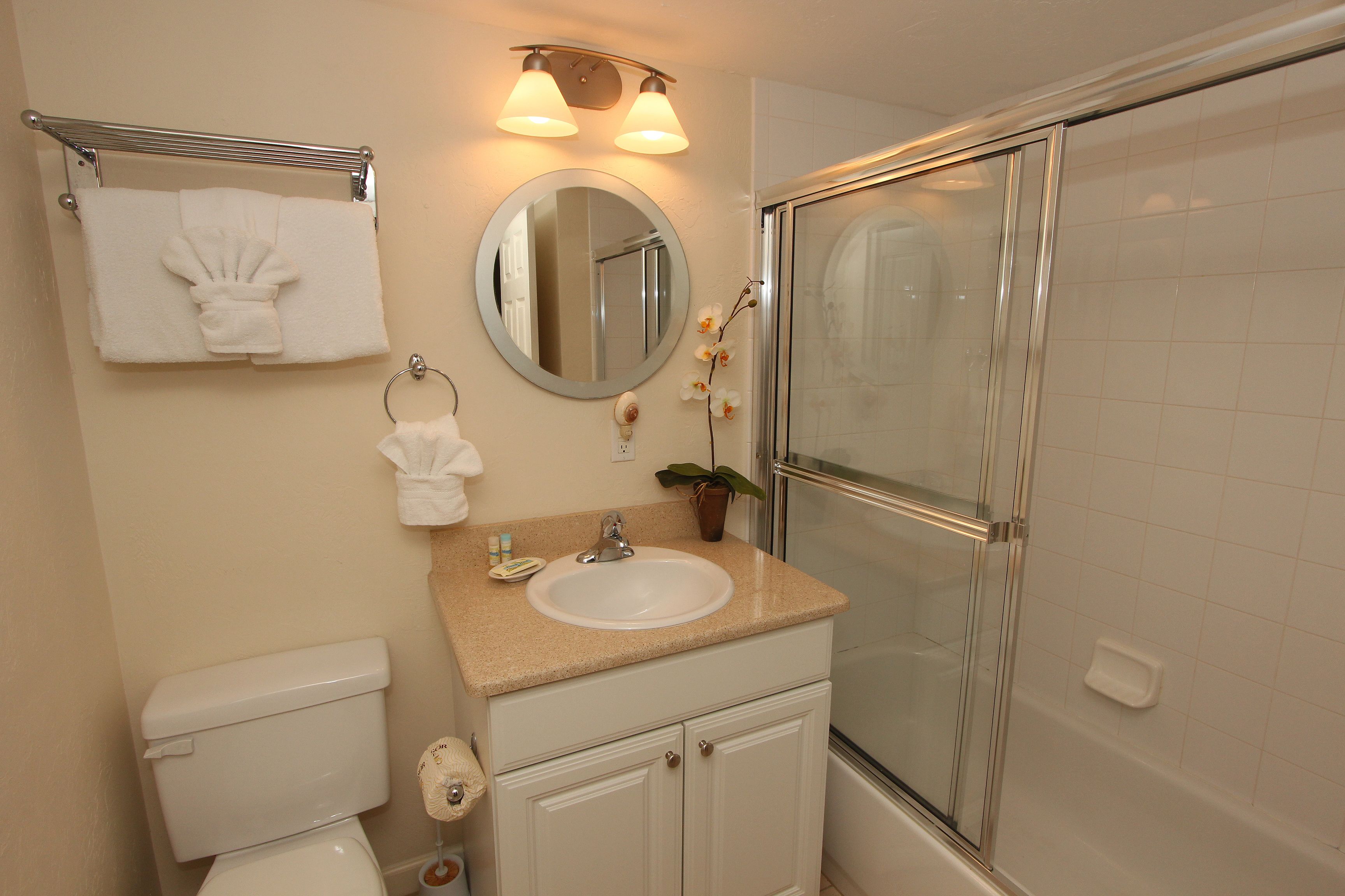 Combined shower/tub, free toiletries, towels