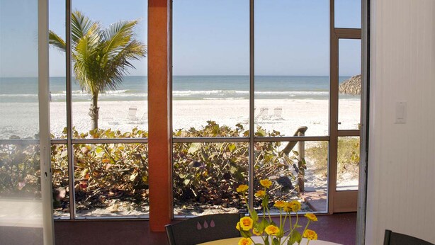 A room with large windows overlooking a beach, a palm tree, and a chair by the window. - Silver Sands Gulf Beach Resort by RVA (Longboat Key)