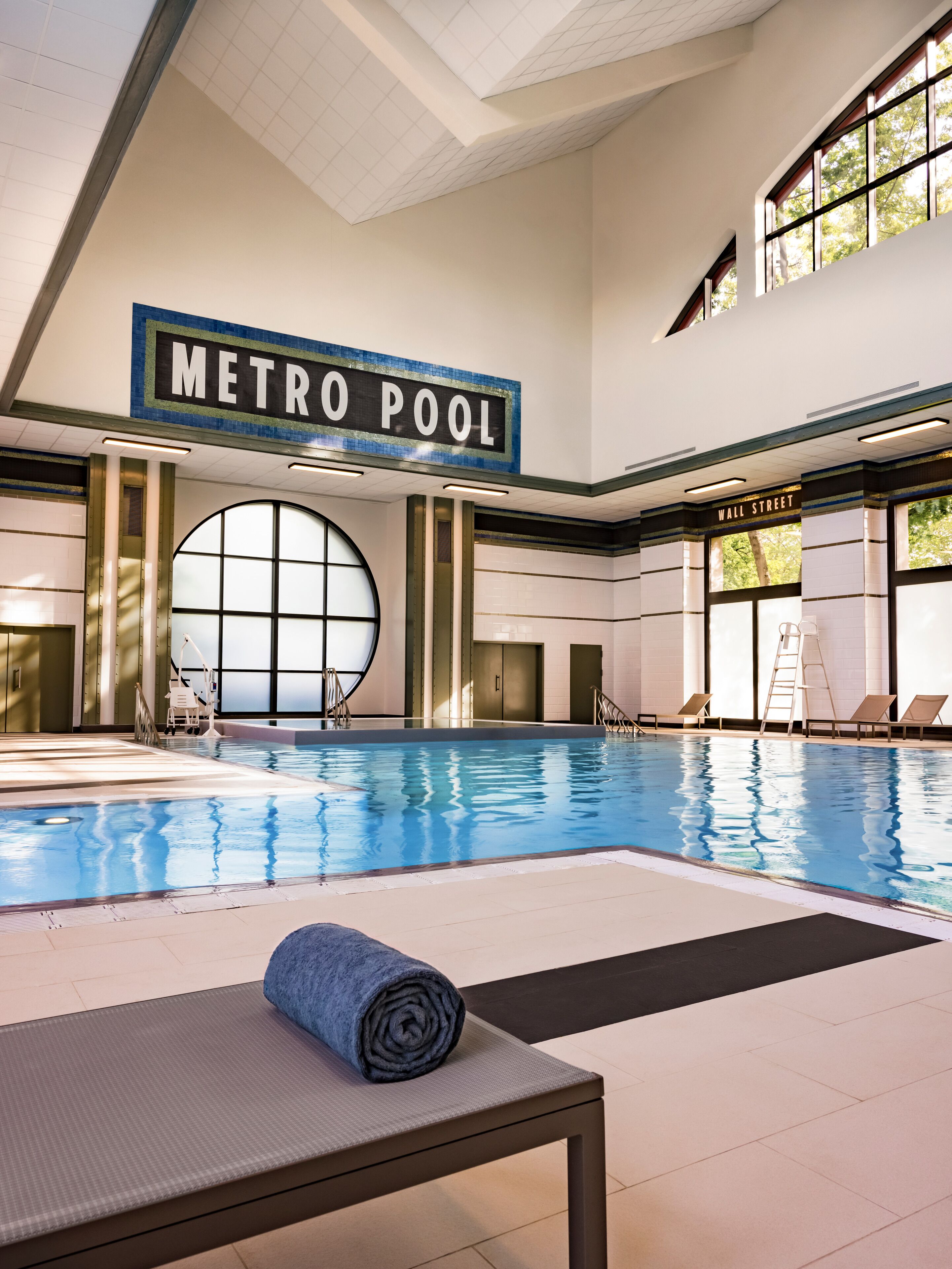 indoor pool, seasonal outdoor pool, pool umbrellas, pool loungers