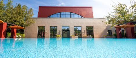 Indoor pool, seasonal outdoor pool, pool umbrellas, sun loungers