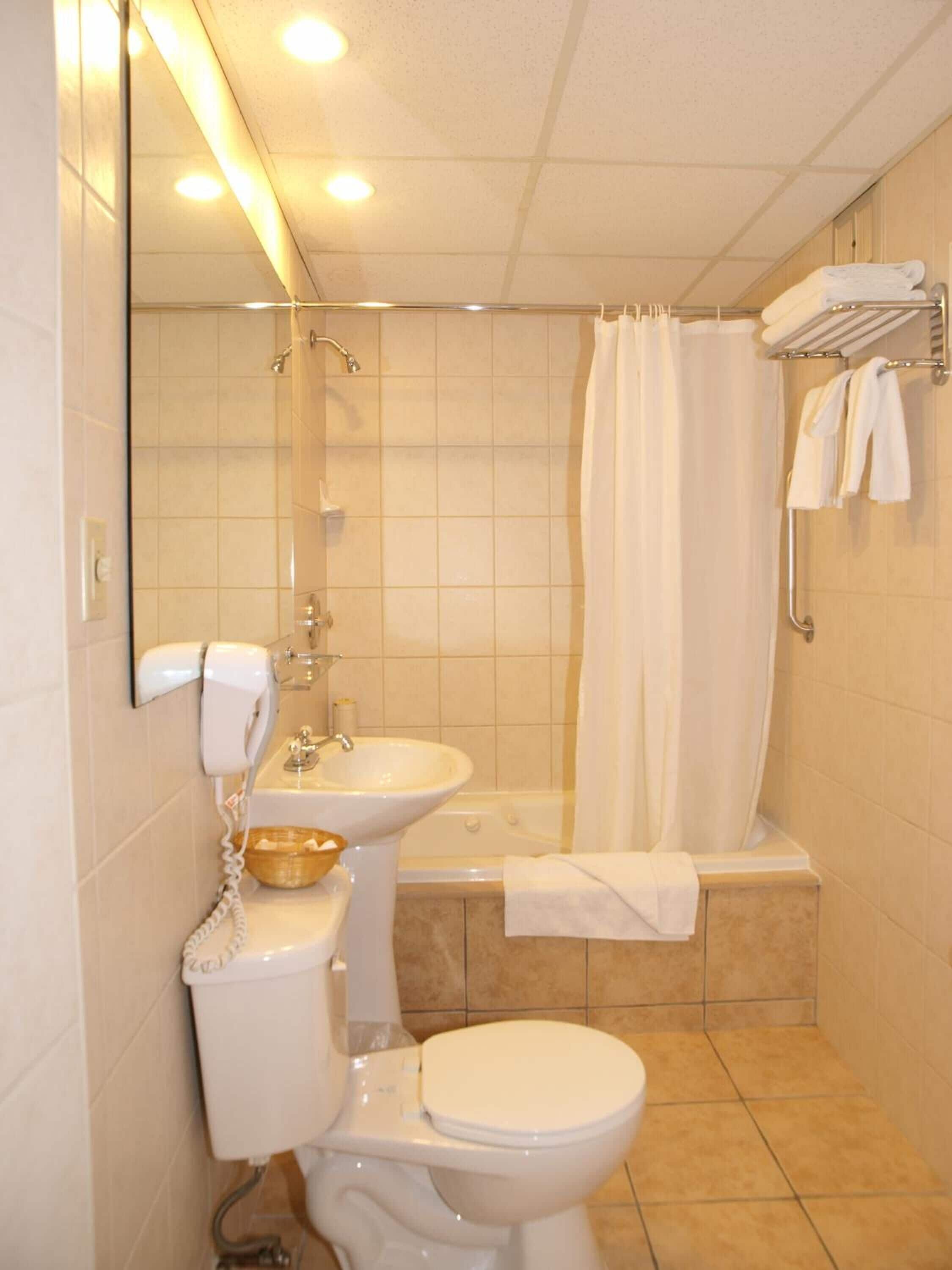 combined shower/bathtub, hair dryer, towels