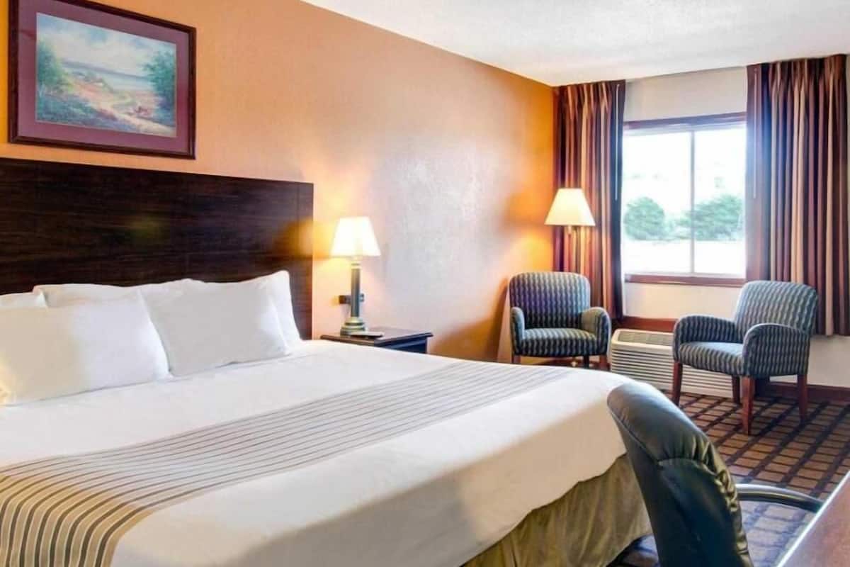 Une chambre d’hôtel avec un lit, deux chaises, une table de chevet, une lampe et un tableau au mur.