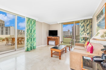 Suite, 2 Bedrooms, Kitchen, City View (with Two-bathrooms) | 1 bedroom, in-room safe, desk, laptop workspace at Luana Waikiki Hotel & Suites