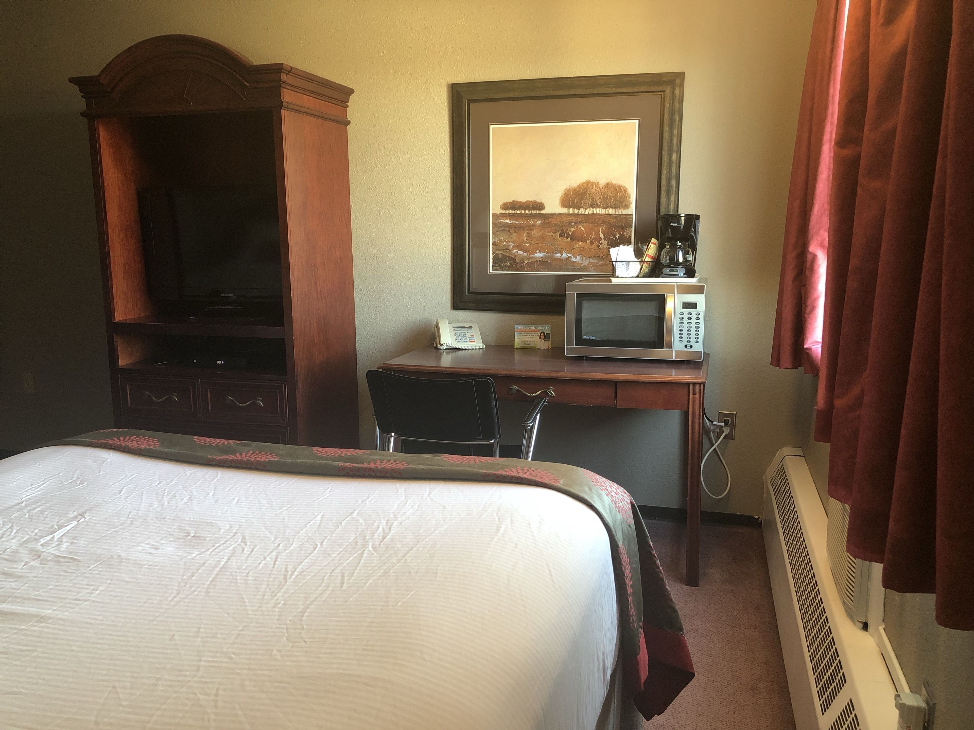 A hotel room with a bed, a desk with a telephone and a microwave, a television, and a radiator.