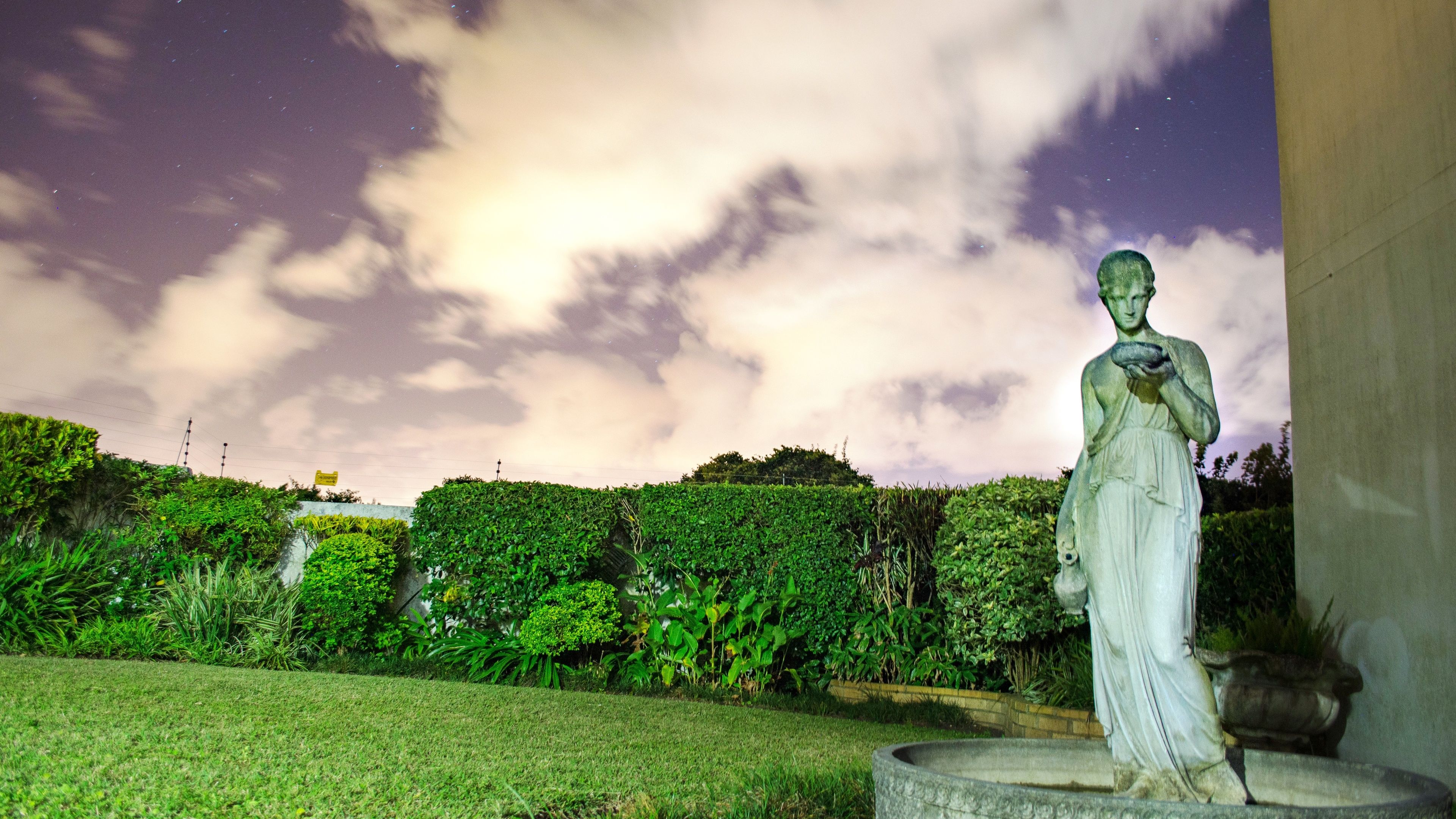 Una estatua en un jardín con un cielo nublado de fondo.