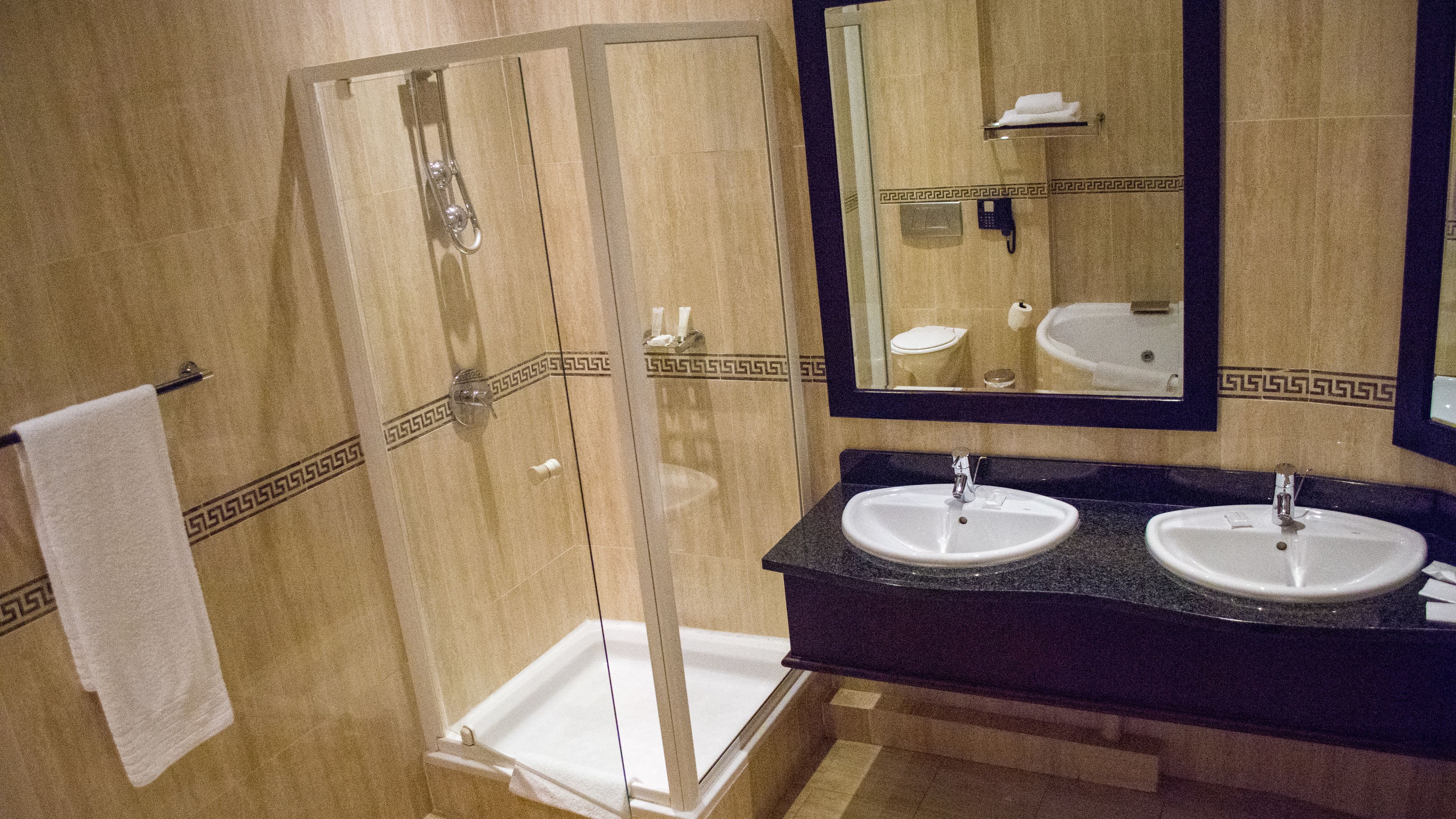 A bathroom with a glass shower enclosure, two sinks, and a large mirror.