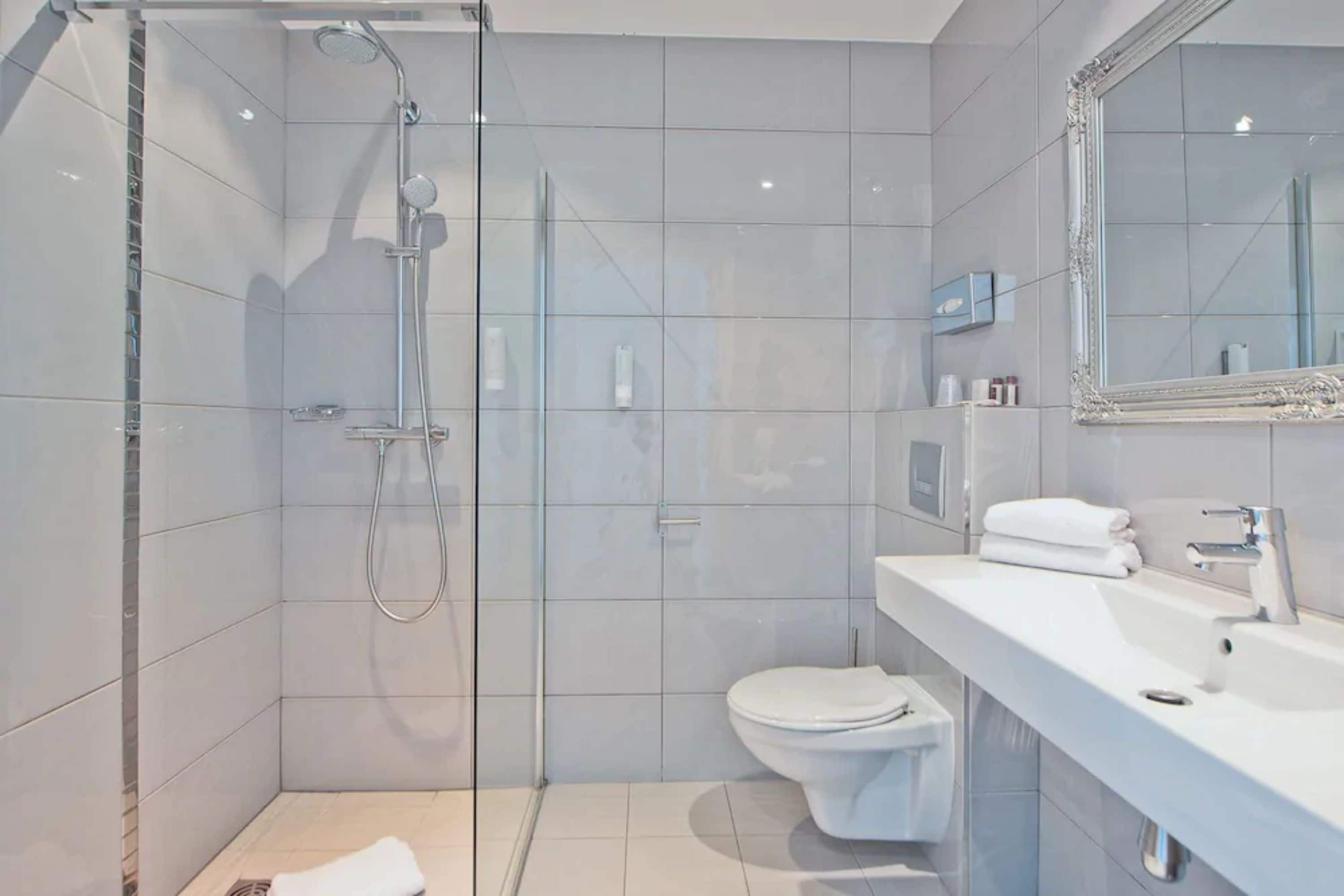 A modern bathroom with a glass-enclosed shower, a white toilet, and a large mirror above the sink.