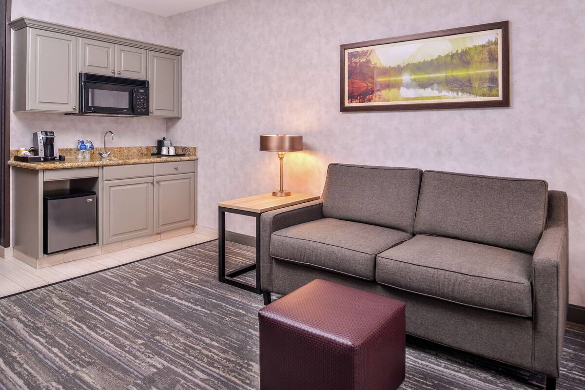 Quarto de hotel moderno com cozinha compacta, um sofá cinzento, uma pequena mesa com abajur e um quadro com paisagem na parede.