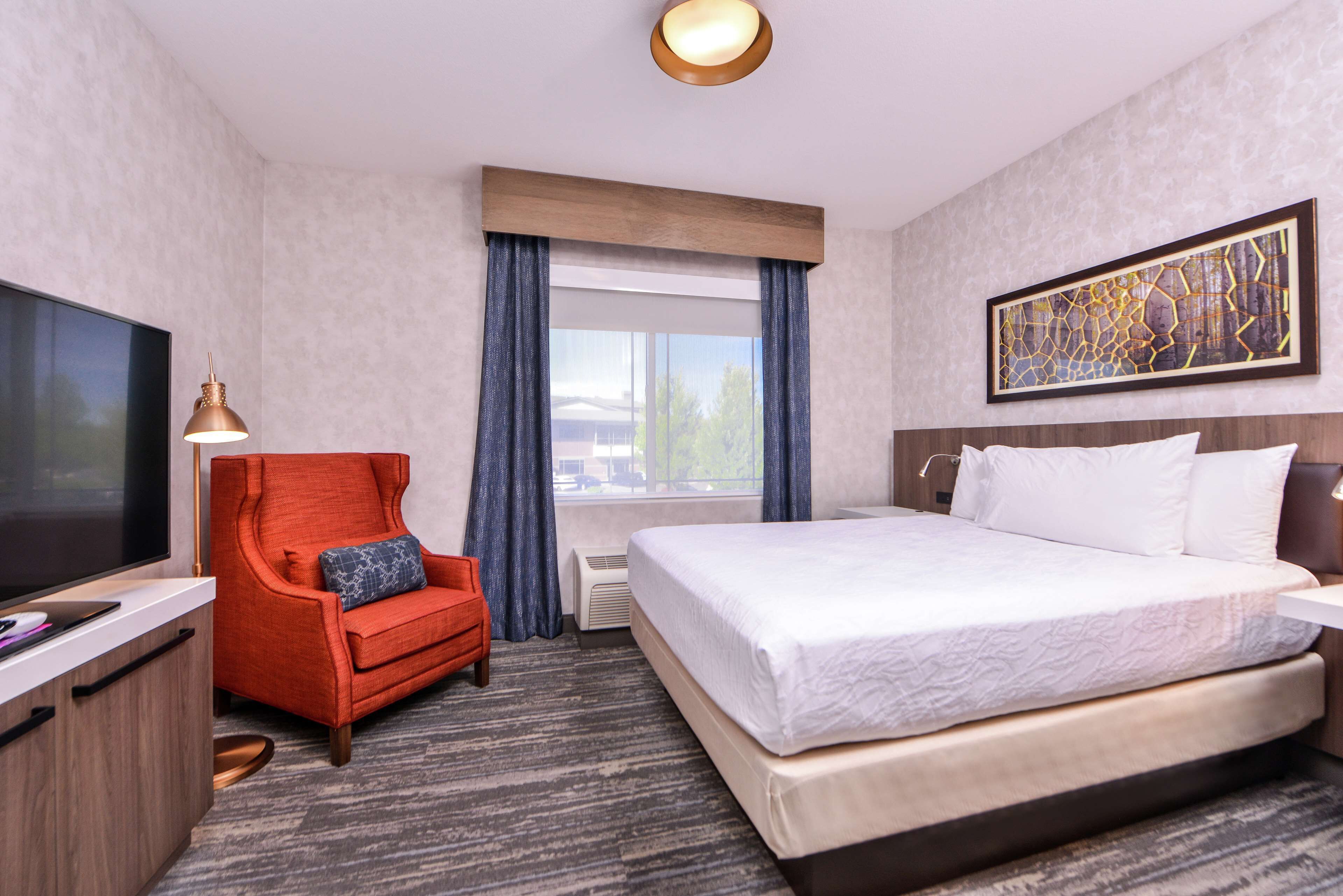 Une chambre d’hôtel avec un lit, une télévision, un fauteuil rouge, une fenêtre avec des rideaux et un tableau au mur.