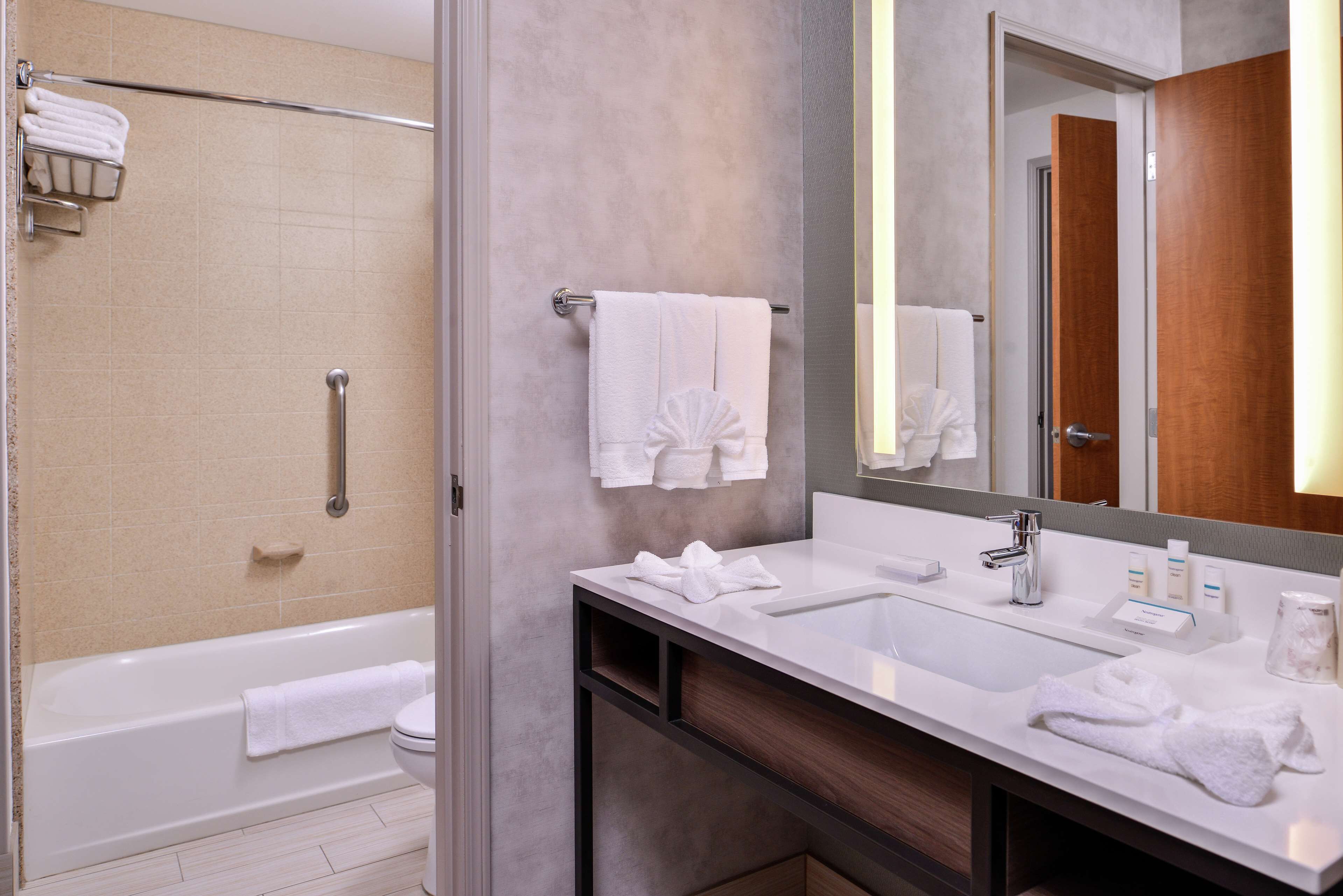 A modern bathroom with a bathtub, a shower, and a vanity with a sink and mirror.
