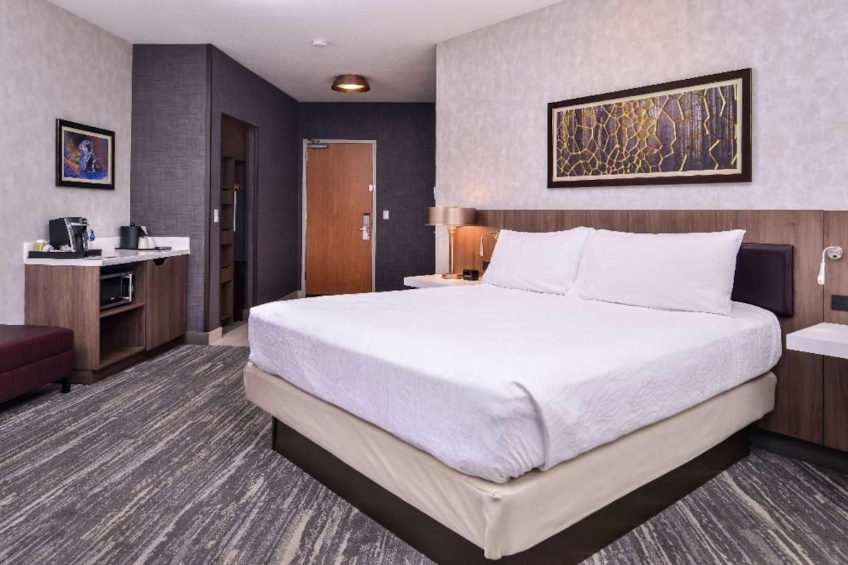 Camera d'albergo con un letto grande, una scrivania con sedia, un comodino e una TV a parete.