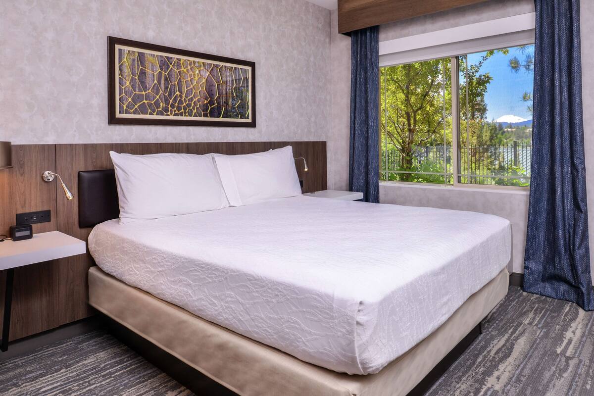 Quarto de hotel com uma cama grande, uma mesa de cabeceira com abajur, uma obra de arte emoldurada na parede e uma janela com vista para vegetação e uma montanha.