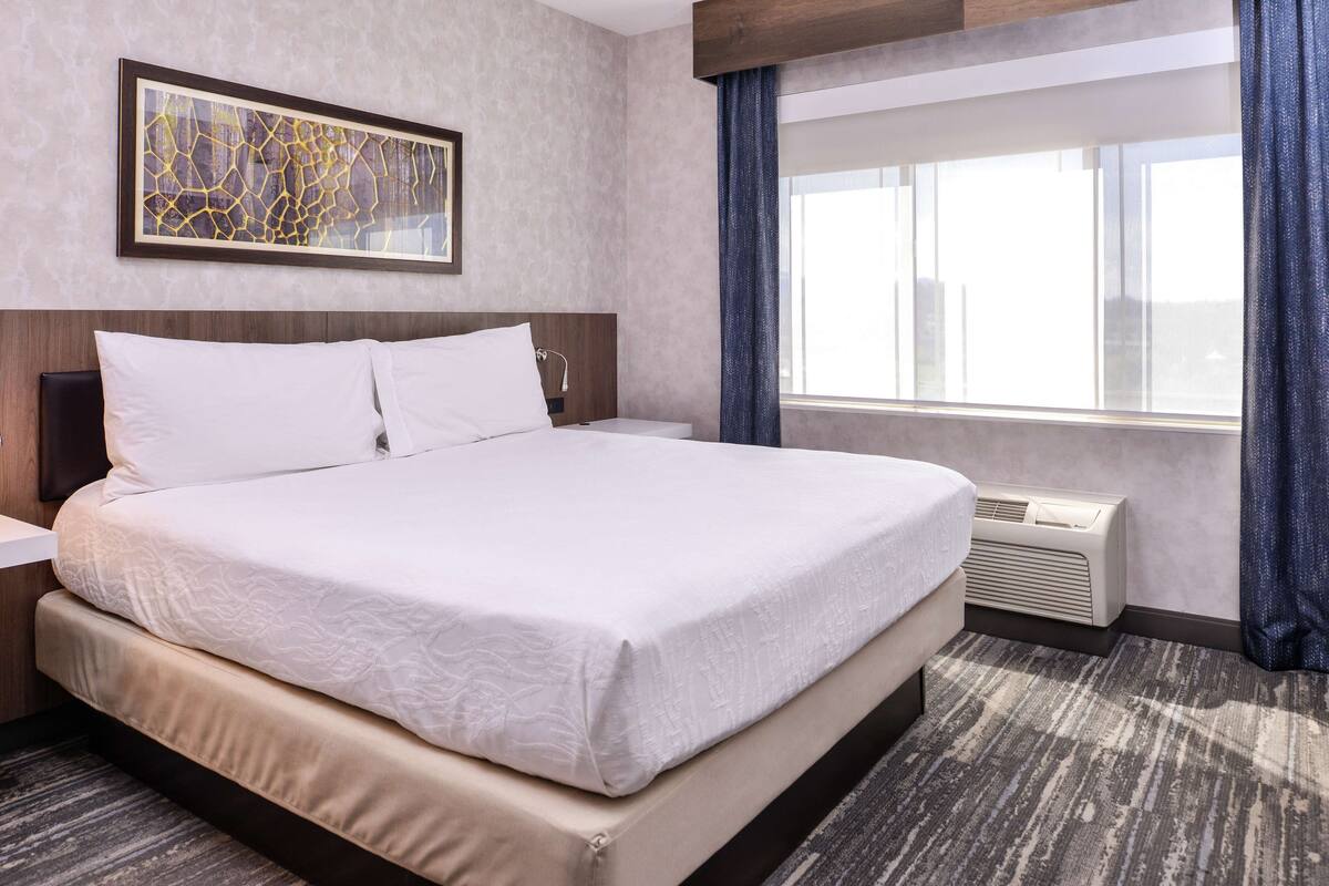 Quarto de hotel com uma cama grande, cabeceira, janela com cortinas, ar condicionado fixado na parede e uma obra de arte emoldurada sobre a cama.
