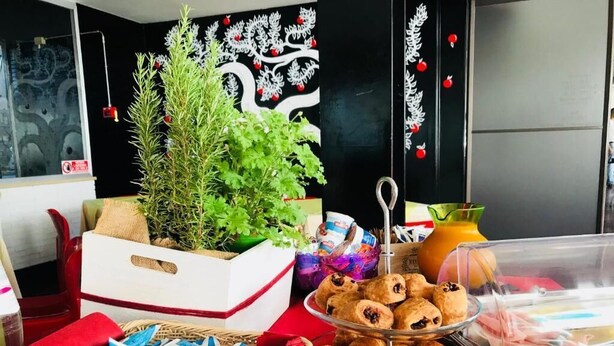 Una mesa de buffet con diversos alimentos, incluyendo pasteles y productos envasados, en una habitación con un muro decorativo y una planta en maceta.