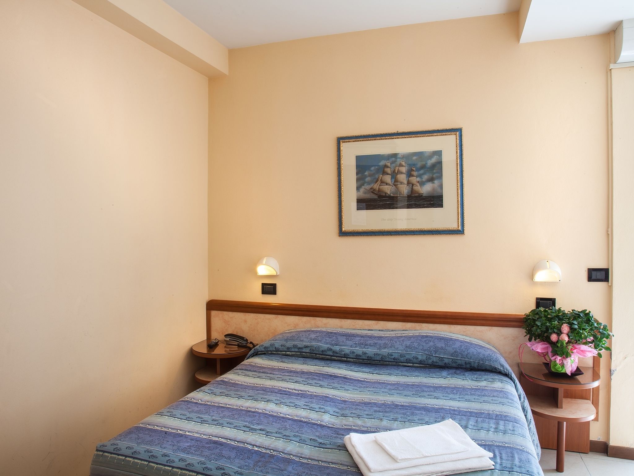 A hotel room with a bed, a framed picture on the wall, bedside lamps, a bedside table with a phone, and a small plant.