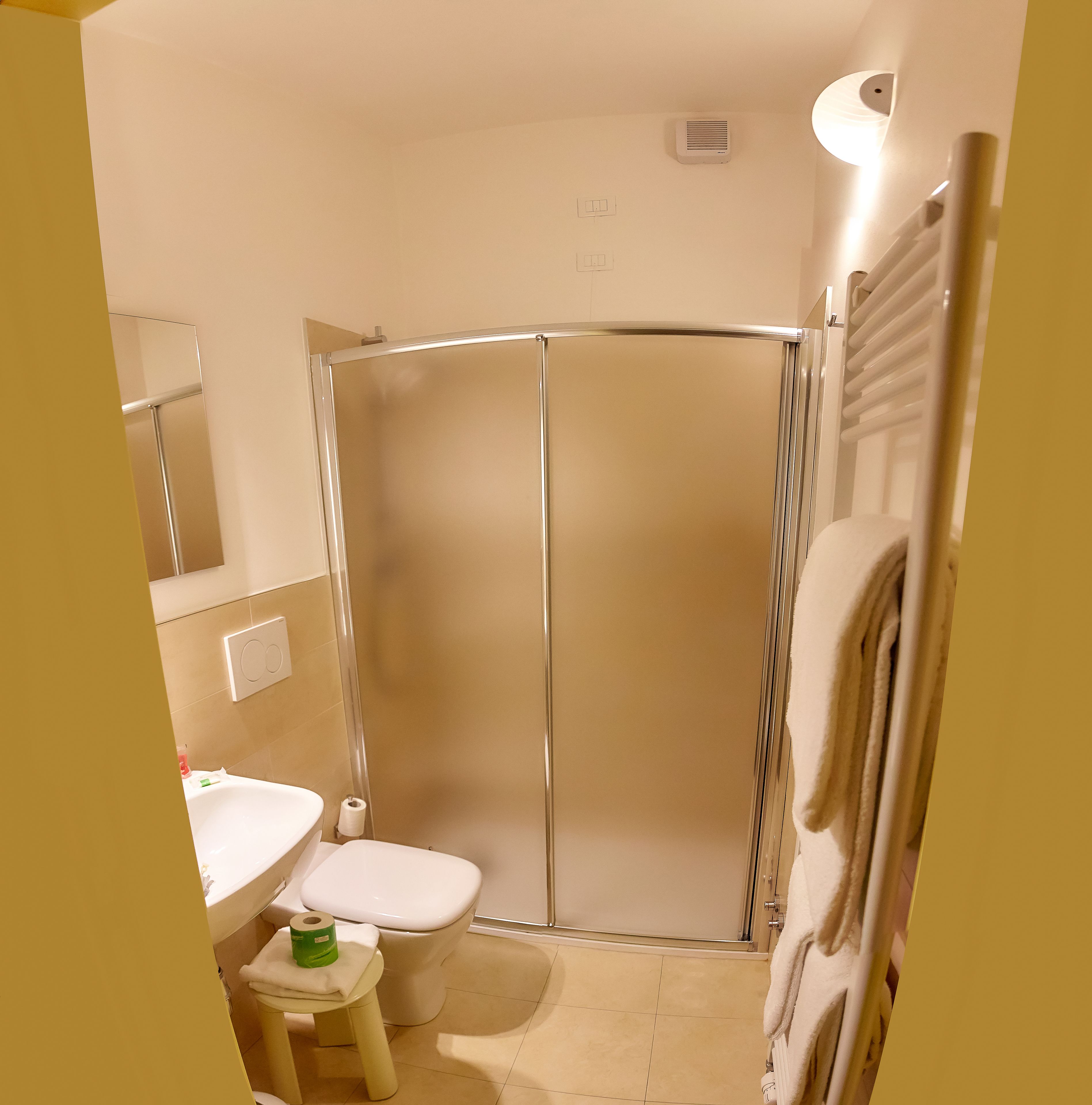 Een badkamer met douche, toilet, wastafel en handdoekhouder.