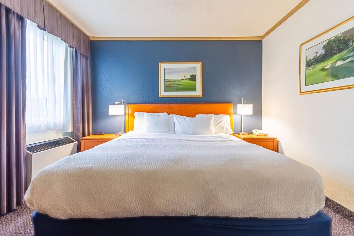 A hotel room with a large bed, a nightstand with a lamp, and a window with curtains.