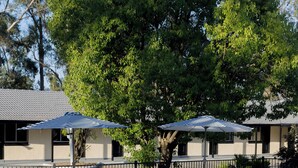 A swimming pool with lounge chairs and umbrellas, surrounded by a fence and trees. - Mu S Boutique Motel (Coonabarabran)