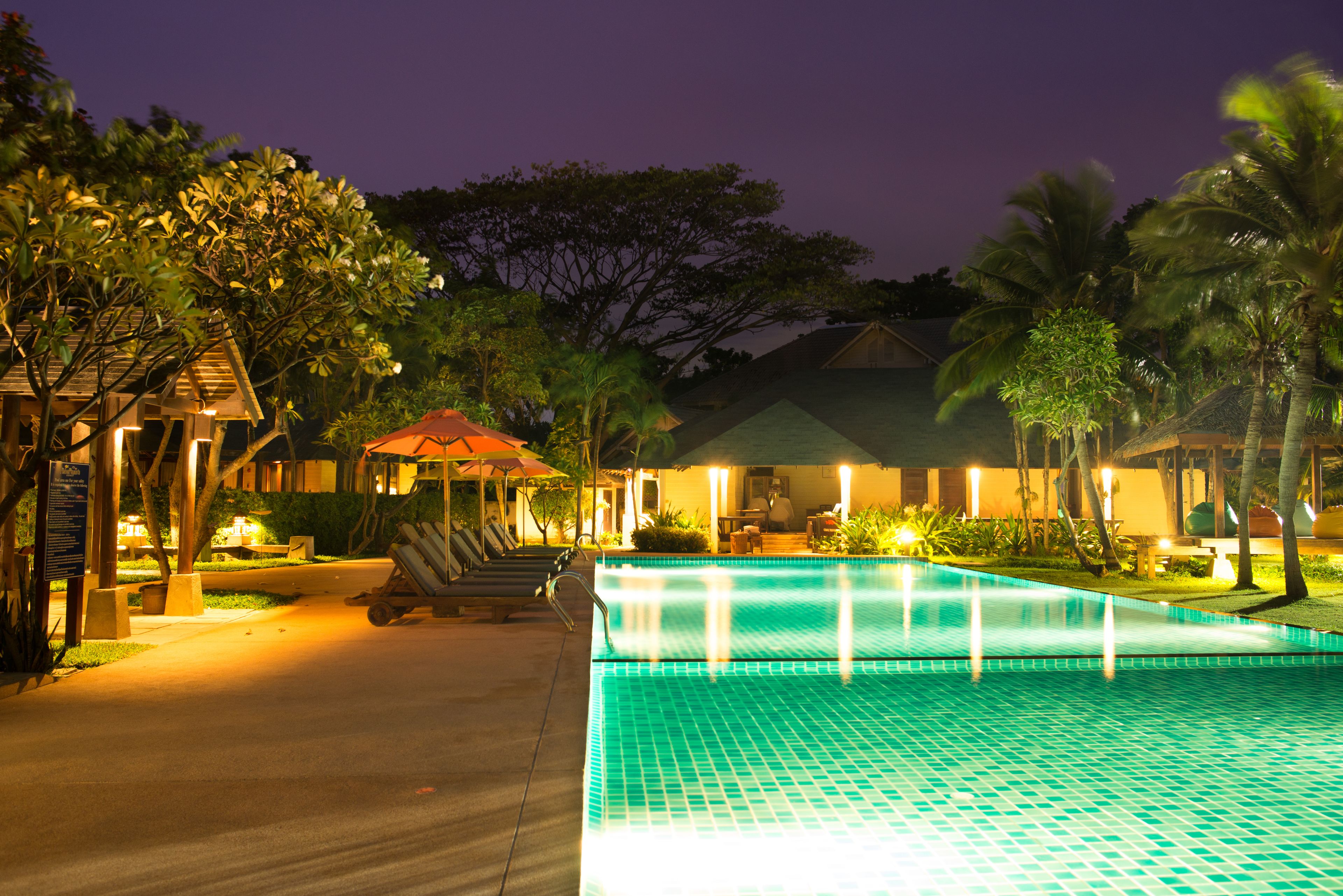 outdoor pool, pool umbrellas, pool loungers