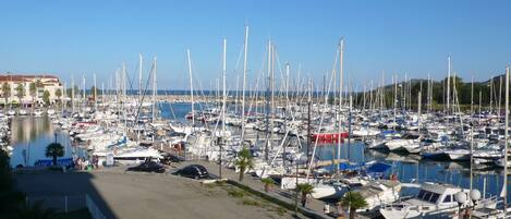 Un puerto deportivo con numerosos barcos amarrados, cielo despejado y mar en calma.