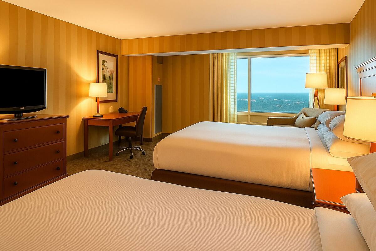 A hotel room with a large bed, a desk with a chair, a television, and a view of the ocean.