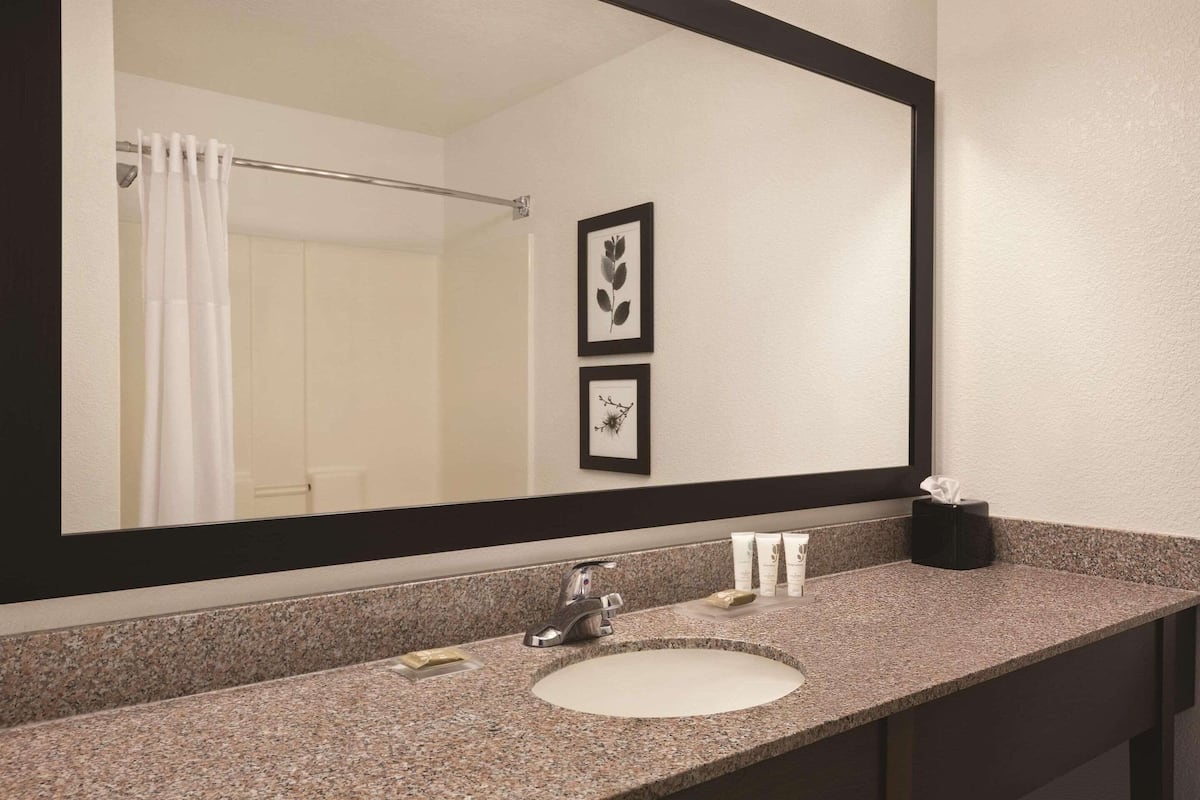 combined shower/bathtub, free toiletries, hair dryer, towels