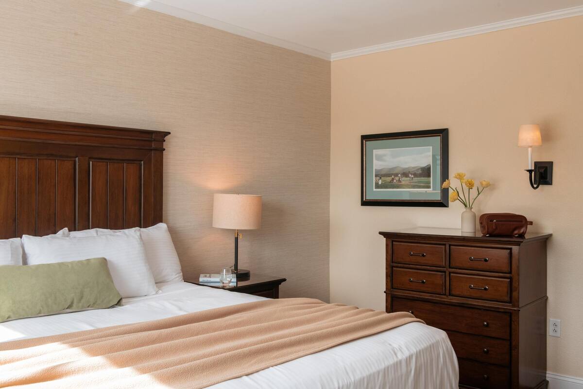 A hotel room with a bed, a nightstand, a dresser, a framed picture on the wall, and a lamp.