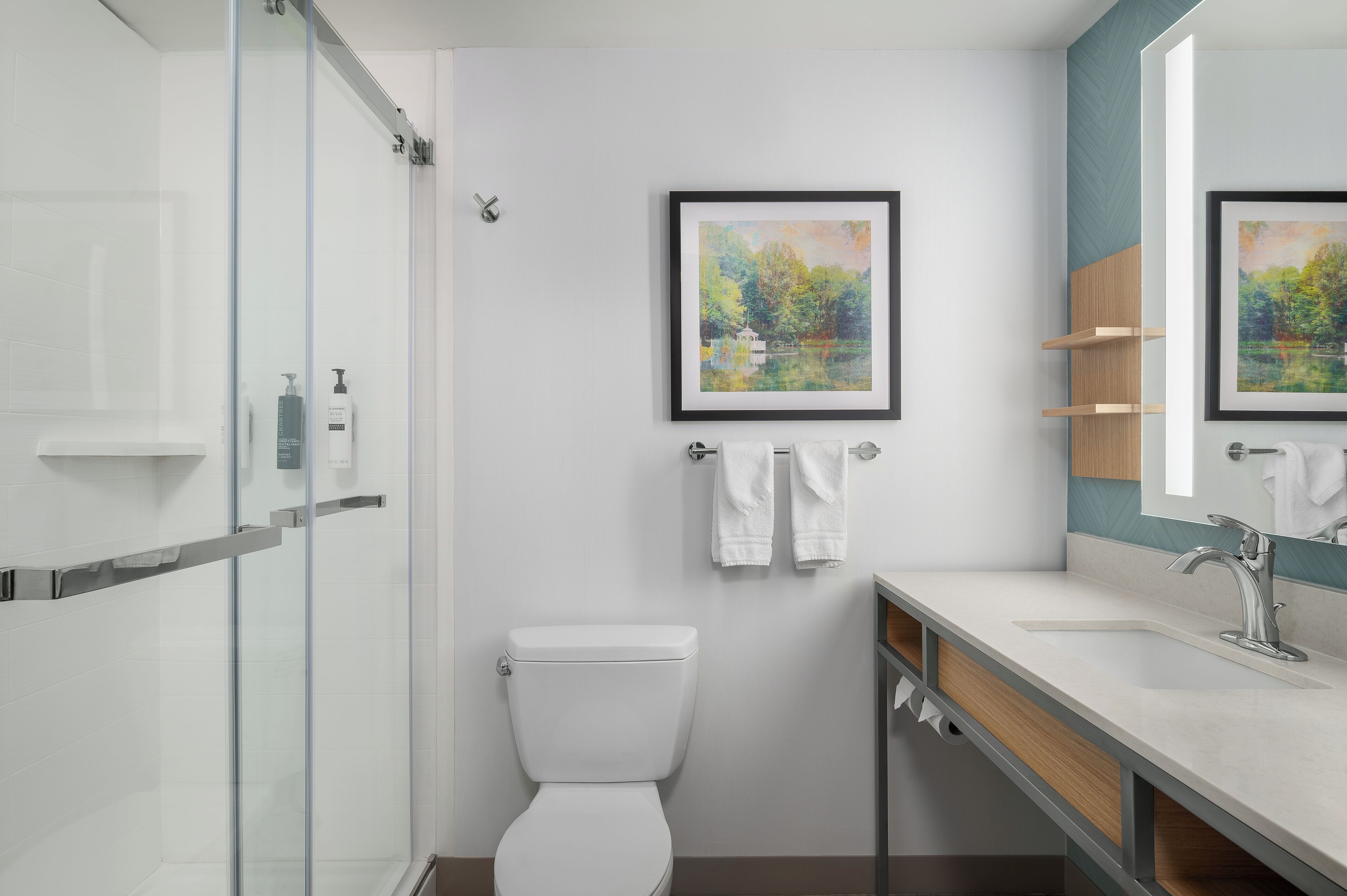 A modern bathroom with a glass shower enclosure, a white toilet, and a sink with a mirror. There are two framed paintings on the wall and a towel rack with towels.
