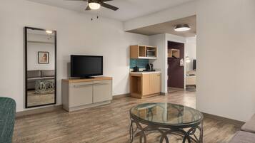 Junior Suite, 2 Queen Beds | Living area | 55-inch flat-screen TV with satellite channels