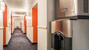 Un pasillo de hotel con paredes anaranjadas, piso alfombrado y un dispensador de agua a la derecha.