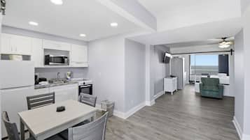 Deluxe Studio, Oceanfront | Private kitchen | Full-sized fridge, microwave, stovetop, coffee/tea maker