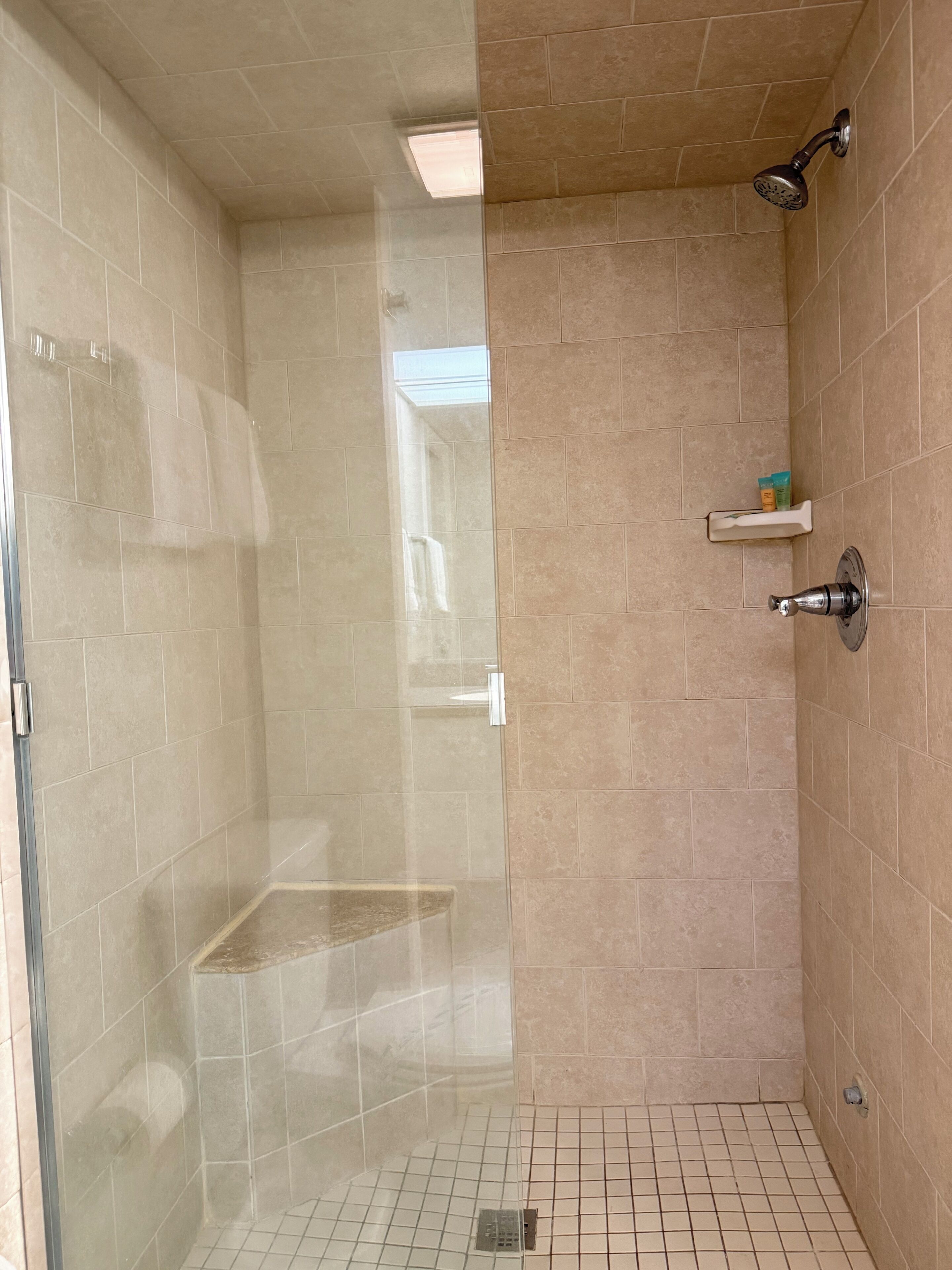 Un espace douche doté d’une porte en verre, de murs carrelés, d’un pommeau de douche et d’une petite étagère pour les articles de toilette.